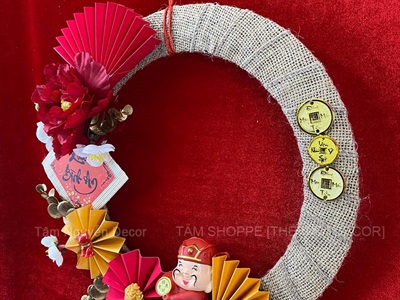 Vòng treo cửa Tết vải bố quạt xếp Mèo Thần Tài [2 Kiểu] ĐK 35cm VTC-T-48